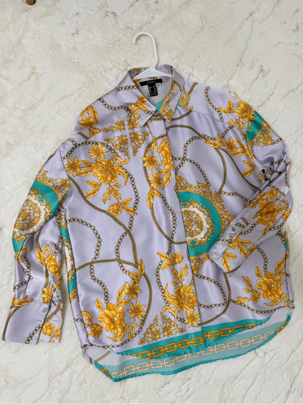 Forever 21 Lilac Baroque Chain Print Baggy Shirt with Gold Accents